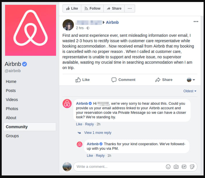 Klacht en antwoord op de Facebook van Airbnb