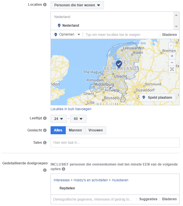 Facebook doelgroep Reptielen interesse