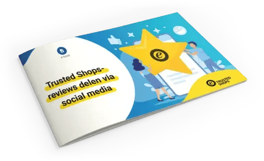 3D‑weergave van e‑book 'Trusted Shops reviews delen via social media': cover met illustratie van reviewsterren, smartphone en Trusted Shops‑logo. Visual over het delen van klantreviews op social media en het versterken van online reputatie.