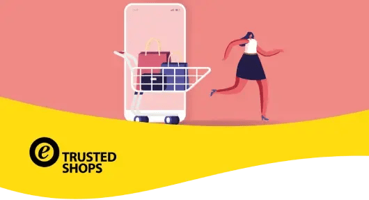 Illustratie voor e-book van Trusted Shops over het verminderen van verlaten winkelwagentjes: smartphone met winkelwagen en shoppingbags, persoon loopt weg, gele en roze achtergrond, focus op conversie-optimalisatie en vertrouwen in e-commerce.