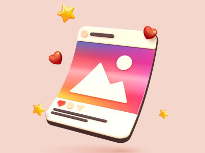 Illustratie van kleurrijke socialmedia‑post met icoon van afbeelding, hartjes en sterren die het effect van visuele contentmarketing op meer online traffic benadrukken.