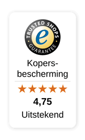 De Trusted Shops Trustbadge met kopersbescherming, 5 sterren en een score van 4,75. Tekst: Trusted Shops Guarantee. Kopersbescherming. 4,75 Uitstekend