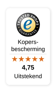 De Trusted Shops Trustbadge met kopersbescherming, 5 sterren en een score van 4,75. Tekst: Trusted Shops Guarantee. Kopersbescherming. 4,75 Uitstekend