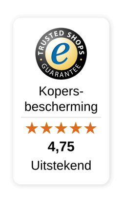 De Trusted Shops Trustbadge met kopersbescherming, 5 sterren en een score van 4,75. Tekst: Trusted Shops Guarantee. Kopersbescherming. 4,75 Uitstekend