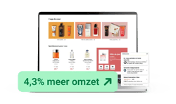 Website van Deloox weergegeven op een laptop met een overzicht van parfum- en beautyproducten, aanbiedingen en productcategorieën. Op de voorgrond staat een visual met de tekst '4,3% meer omzet' en een Trusted Shops‑reviewwidget.