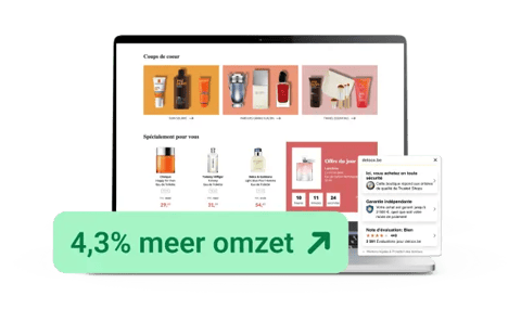 Website van Deloox weergegeven op een laptop met een overzicht van parfum- en beautyproducten, aanbiedingen en productcategorieën. Op de voorgrond staat een visual met de tekst '4,3% meer omzet' en een Trusted Shops‑reviewwidget.