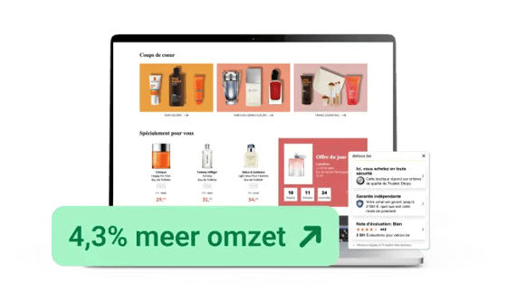 Website van Deloox weergegeven op een laptop met een overzicht van parfum- en beautyproducten, aanbiedingen en productcategorieën. Op de voorgrond staat een visual met de tekst '4,3% meer omzet' en een Trusted Shops‑reviewwidget.