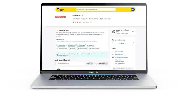 Bedrijfsprofiel van deloox.be op Trusted Shops, weergegeven op een laptop. Het scherm toont het Deloox‑logo, klantbeoordelingen met 4,49 sterren, reviews, Trustbadge en informatie over betrouwbaarheid en kopersbescherming.