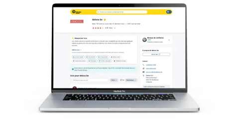 Bedrijfsprofiel van deloox.be op Trusted Shops, weergegeven op een laptop. Het scherm toont het Deloox‑logo, klantbeoordelingen met 4,49 sterren, reviews, Trustbadge en informatie over betrouwbaarheid en kopersbescherming.
