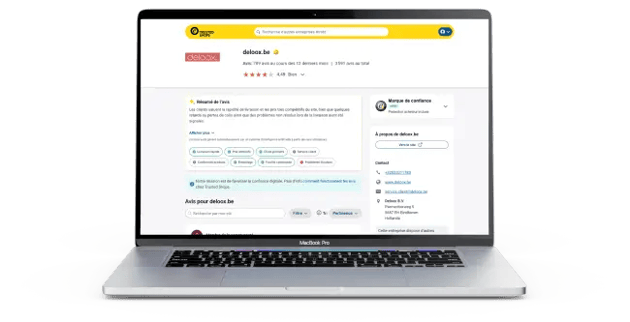 Bedrijfsprofiel van deloox.be op Trusted Shops, weergegeven op een laptop. Het scherm toont het Deloox‑logo, klantbeoordelingen met 4,49 sterren, reviews, Trustbadge en informatie over betrouwbaarheid en kopersbescherming.