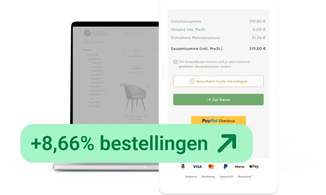 Checkoutpagina van Garten & Freizeit op laptop, met winkelmand en betaalopties zoals PayPal en creditcard. Groene overlay toont +8,66% bestellingen, illustratie van conversiestijging door Trusted Shops Trustbadge.