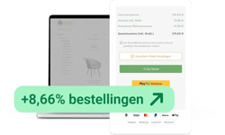 Checkoutpagina van Garten & Freizeit op laptop, met winkelmand en betaalopties zoals PayPal en creditcard. Groene overlay toont +8,66% bestellingen, illustratie van conversiestijging door Trusted Shops Trustbadge.