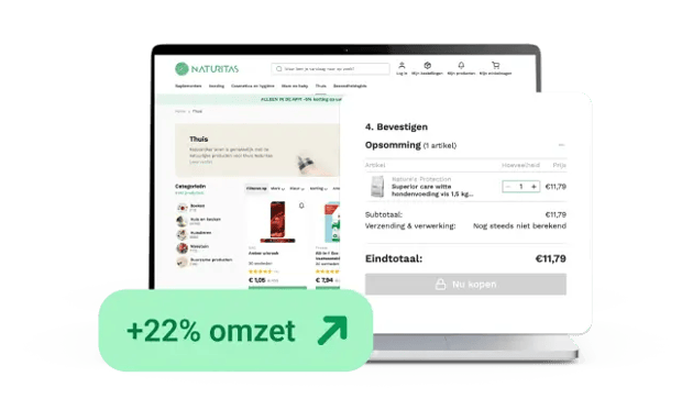 Checkoutpagina van Naturitas op een laptop, met winkelmandoverzicht, productdetails, prijs en bestelknop. Rechts een samenvatting van de bestelling en totaalbedrag, met visuele highlight '+22% omzet' die conversieverbetering benadrukt.