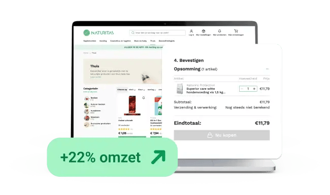 Checkoutpagina van Naturitas op een laptop, met winkelmandoverzicht, productdetails, prijs en bestelknop. Rechts een samenvatting van de bestelling en totaalbedrag, met visuele highlight '+22% omzet' die conversieverbetering benadrukt.
