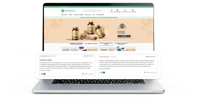 Beoordelingen op de website van Naturitas, weergegeven op een laptop. De homepage toont productaanbod en klantreviews met sterrenbeoordelingen en teksten, wat betrouwbaarheid en klantervaringen van de online natuurwinkel benadrukt.