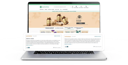 Beoordelingen op de website van Naturitas, weergegeven op een laptop. De homepage toont productaanbod en klantreviews met sterrenbeoordelingen en teksten, wat betrouwbaarheid en klantervaringen van de online natuurwinkel benadrukt.