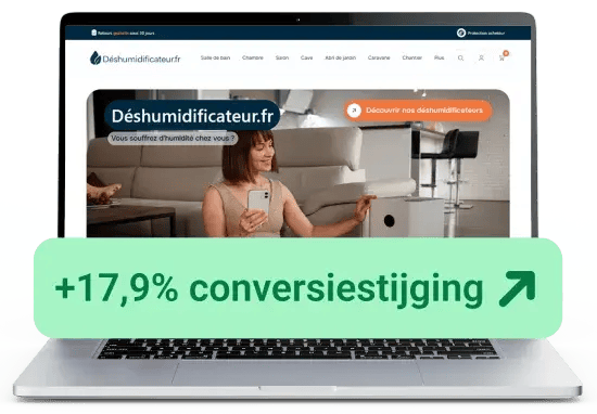 Laptop met webshop déshumidificateur.fr op scherm en banner '+17,9% conversiestijging'; visual van groei door webshopoptimalisatie en Trusted Shops, met productcategorieën en homepage-interface zichtbaar.