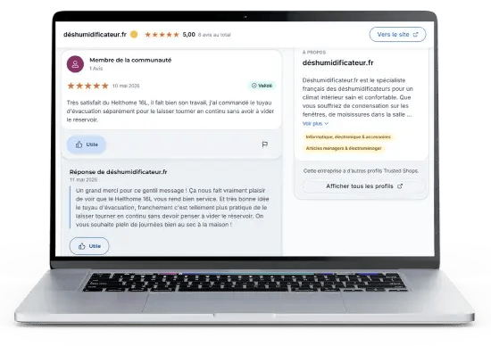 Laptop met Trusted Shops beoordelingspagina van déshumidificateur.fr, met 5‑sterrenreview (5,00) en klantfeedback over luchtontvochtiger; visual van webshopvertrouwen, reviews en klanttevredenheid.