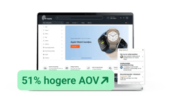Website van SB Supply weergegeven op een laptopscherm met webshopinterface, Apple Watch‑bandjes in de hero‑banner, Trusted Shops‑keurmerk en beoordelingswidget, aangevuld met een visual die een 51% hogere AOV benadrukt.