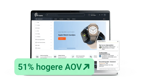 Website van SB Supply weergegeven op een laptopscherm met webshopinterface, Apple Watch‑bandjes in de hero‑banner, Trusted Shops‑keurmerk en beoordelingswidget, aangevuld met een visual die een 51% hogere AOV benadrukt.