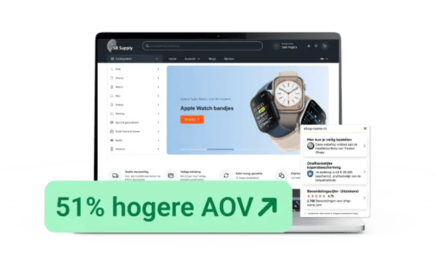 Website van SB Supply weergegeven op een laptopscherm met webshopinterface, Apple Watch‑bandjes in de hero‑banner, Trusted Shops‑keurmerk en beoordelingswidget, aangevuld met een visual die een 51% hogere AOV benadrukt.