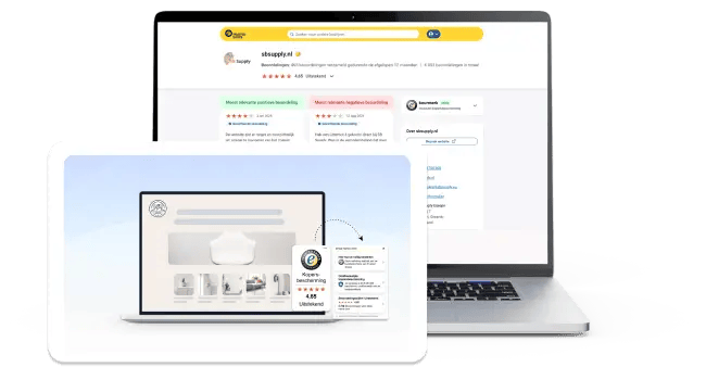 Bedrijfsprofiel van SB Supply op Trusted Shops, weergegeven op een laptopscherm met klantbeoordelingen, sterrenrating en het Trusted Shops Keurmerk voor kopersbescherming, gebruikt als visuele ondersteuning in een klantverhaal.