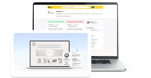 Bedrijfsprofiel van SB Supply op Trusted Shops, weergegeven op een laptopscherm met klantbeoordelingen, sterrenrating en het Trusted Shops Keurmerk voor kopersbescherming, gebruikt als visuele ondersteuning in een klantverhaal.