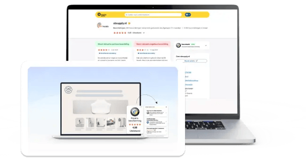 Bedrijfsprofiel van SB Supply op Trusted Shops, weergegeven op een laptopscherm met klantbeoordelingen, sterrenrating en het Trusted Shops Keurmerk voor kopersbescherming, gebruikt als visuele ondersteuning in een klantverhaal.