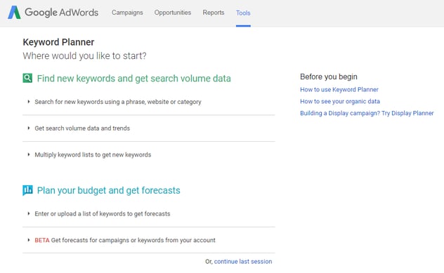 Google Ads keyword planner