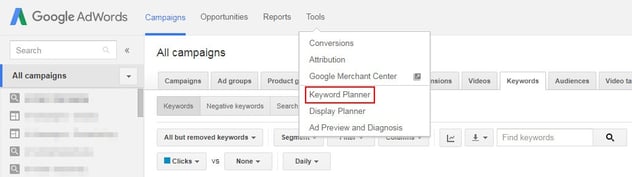 Google AdWords - Keyword planner - Search for new keywords using a phrase, website or category