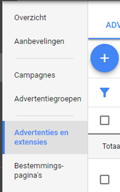 Google Ads menu - advertenties en extensies