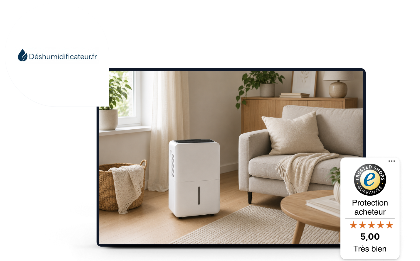 Illustratie van een moderne woonkamer met een luchtontvochtiger, gegenereerd met behulp van AI.