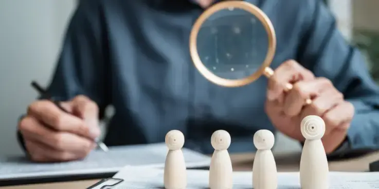 Een man houdt een vergrootglas vast en bekijkt een stel houten beeldjes. De beeldjes stellen vier personen voor. Symbool voor een lookalike audience