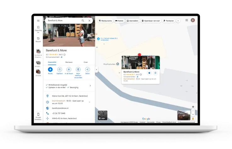 Screenshot op een laptop van Google Maps met het bedrijfsprofiel van Barefoot & More in Arnhem. De kaart toont locatie, foto’s, openingstijden, contactgegevens en een reviewscore van 4,6 sterren op basis van beoordelingen.