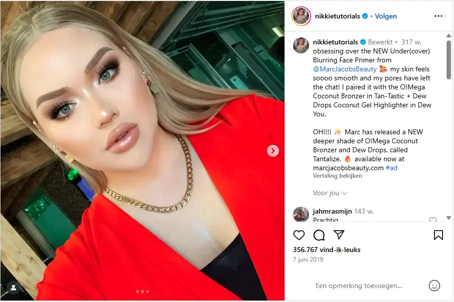 Screenshot van beauty influencer NikkieTutorials op Instagram