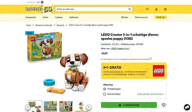 Screenshot van Intertoys productpagina met LEGO Creator 3‑in‑1 schattige dieren: speelse puppy (set 31382). Afbeelding toont LEGO puppy, verpakking, prijs €29,99, beoordeling 4,9 sterren en actie 2+1 gratis.
