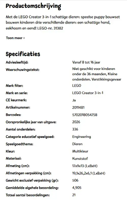Screenshot van productomschrijving en specificaties van LEGO Creator 3‑in‑1 speelse puppy (set 31382) bij Intertoys. Afbeelding toont beschrijving, leeftijdsadvies 8–16 jaar, 336 onderdelen, afmetingen, materiaal en gemiddelde beoordeling.