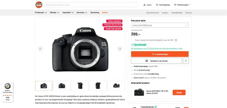 Screenshot van productpagina bij Kamera Express met Canon EOS 2000D body. Afbeelding toont camera, prijs van €399, voorraadstatus, winkelwagenknop en korte productomschrijving voor beginnende fotografen.
