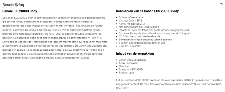 Screenshot van de productomschrijving van de Canon EOS 2000D body bij Kamera Express, met uitgebreide beschrijving, belangrijkste kenmerken zoals 24,1MP sensor en Full HD video, en overzicht van de inhoud van de verpakking.