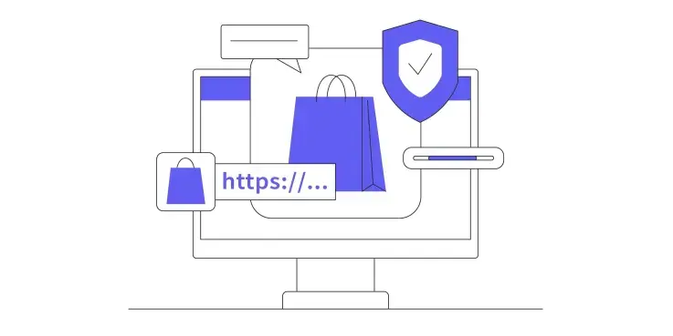 Illustratie van een computer met shoppingtas‑icoon, beveiligingsschild en HTTPS‑adresbalk, symbool voor veilige online aankopen en effectieve landingspagina’s voor webshops.