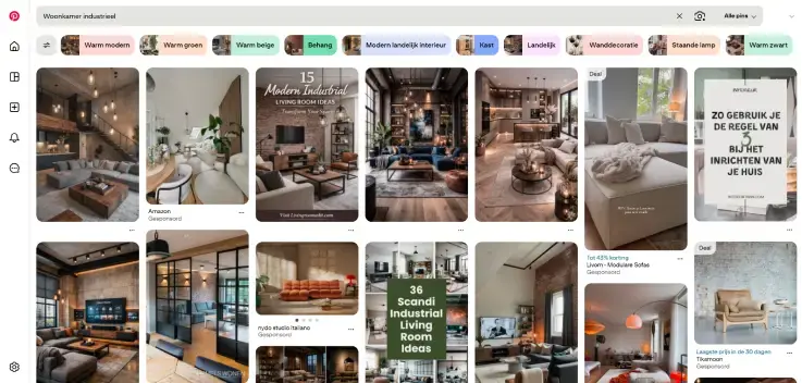 Screenshot van Pinterest met zoekresultaten voor 'woonkamer industrieel': inspiratieborden met industriële woonkamers, warme kleuren, houten meubels, metalen accenten, banken, lampen en decoratie-ideeën voor interieur en webshopinspiratie. 