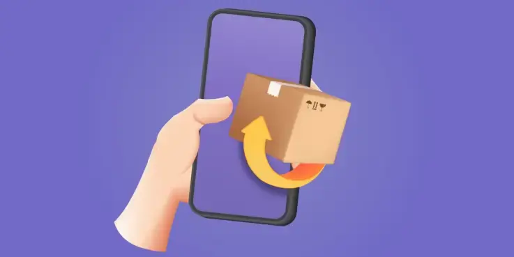 Illustratie van een hand die een smartphone vasthoudt. Ervoor zie je een kartonnen doos met een pijltje, dat symbool staat voor retouren