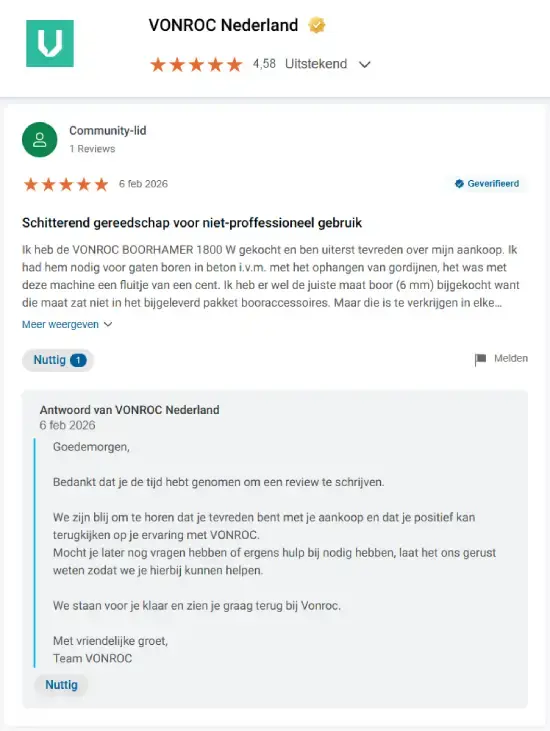 Beoordeling en reactie van VONROC op hun Trusted Shops Bedrijfsprofiel