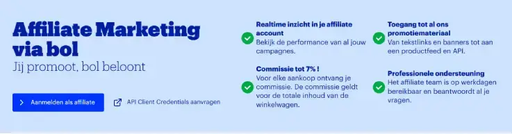 Banner van het bol.com affiliate programma met de tekst 'Affiliate marketing via bol – jij promoot, bol beloont'. De afbeelding toont voordelen zoals realtime inzicht, commissies tot 7%, toegang tot promotiemateriaal en ondersteuning voor affiliates.
