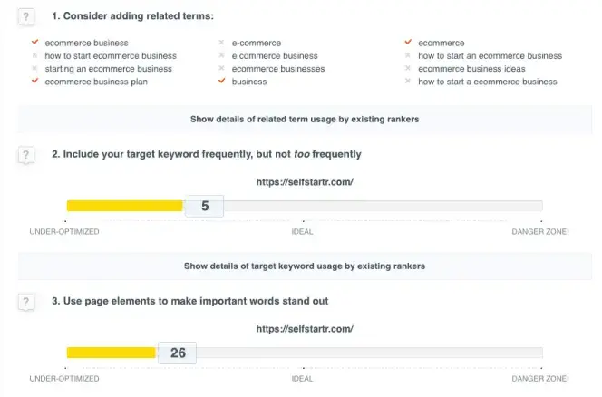 Schermafbeelding van CanIRank met SEO‑optimalisatieadvies, waaronder gerelateerde zoektermen voor ‘ecommerce business’, keywordgebruik (ideaal vs. under‑optimized) en aanbevelingen voor pagina‑elementen om rankings te verbeteren.
