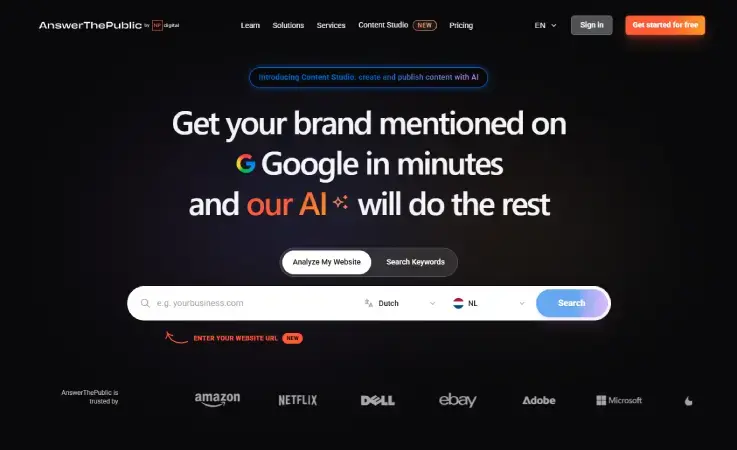 Schermafbeelding van AnswerThePublic met zoekfunctie voor keyword research, waarin zoekwoorden en vragen uit Google worden gevisualiseerd om contentideeën en SEO-strategieën te bepalen.