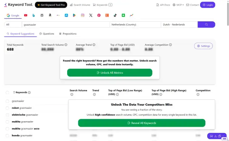 Schermafbeelding van KeywordTool.io met keyword research voor ‘grasmaaier’ in Nederland (Nederlands), met een overzicht van 688 keyword suggesties, zoekvolume, trends en concurrentie, gebruikt voor SEO en contentstrategie.