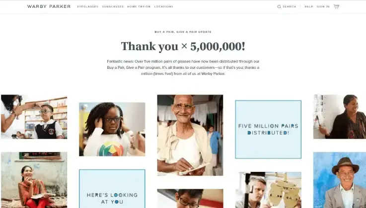 Screenshot van de site van D2C-bedrijf Warby Parker