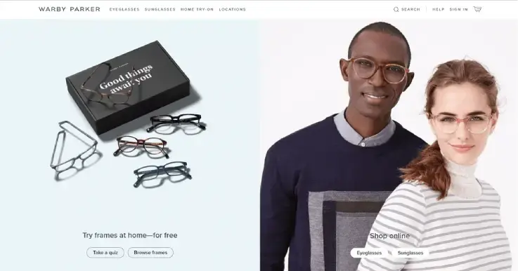 Screenshot van de homepage van D2C-bedrijf Warby Parker