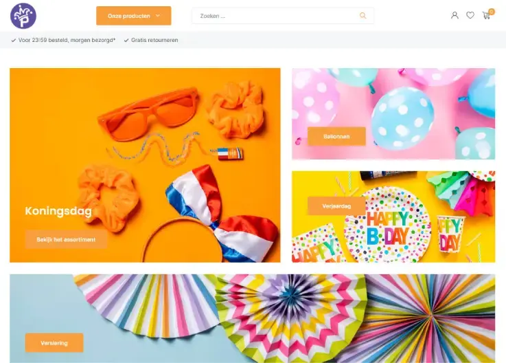 Screenshot van webshop Partywinekl met Koningsdag-assortiment: oranje feestaccessoires zoals zonnebril, haaraccessoires en strik met Nederlandse vlag. Daarnaast categorieën voor ballonnen, verjaardag en feestversiering, gepresenteerd in kleurrijke banners.
